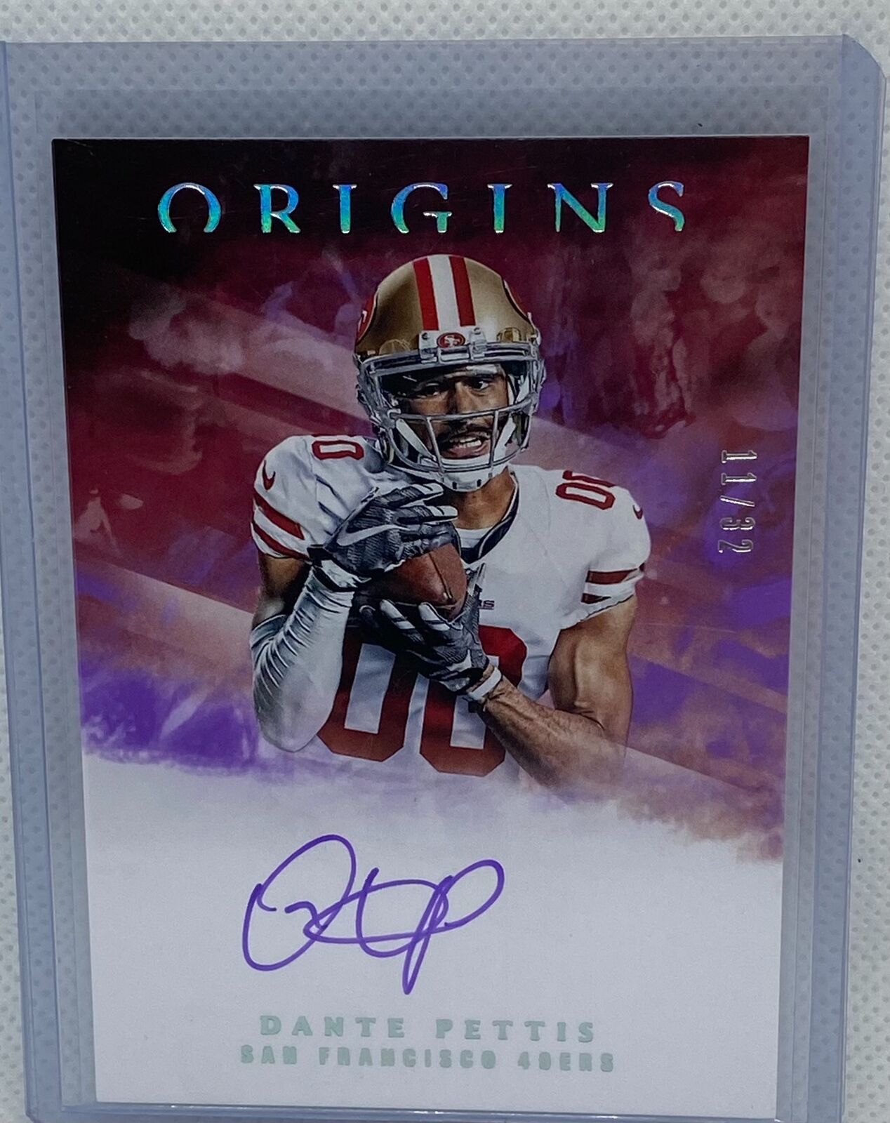 DANTE PETTIS 2018 PANINI ORIGINS FOTL PURPLE ON CARD AUTO RC #D 11/32