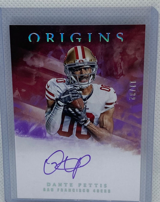 DANTE PETTIS 2018 PANINI ORIGINS FOTL PURPLE ON CARD AUTO RC #D 11/32