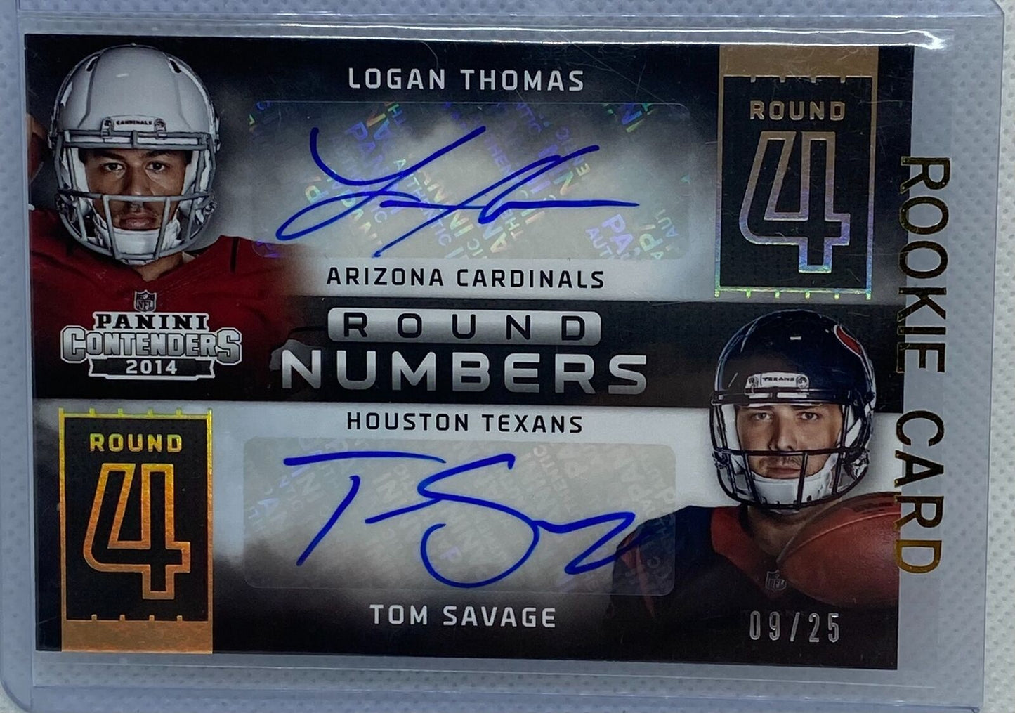 LOGAN THOMAS TOM SAVAGE 2014 PANINI CONTENDERS ROUND NUMBERS DUAL AUTO RC #D /25