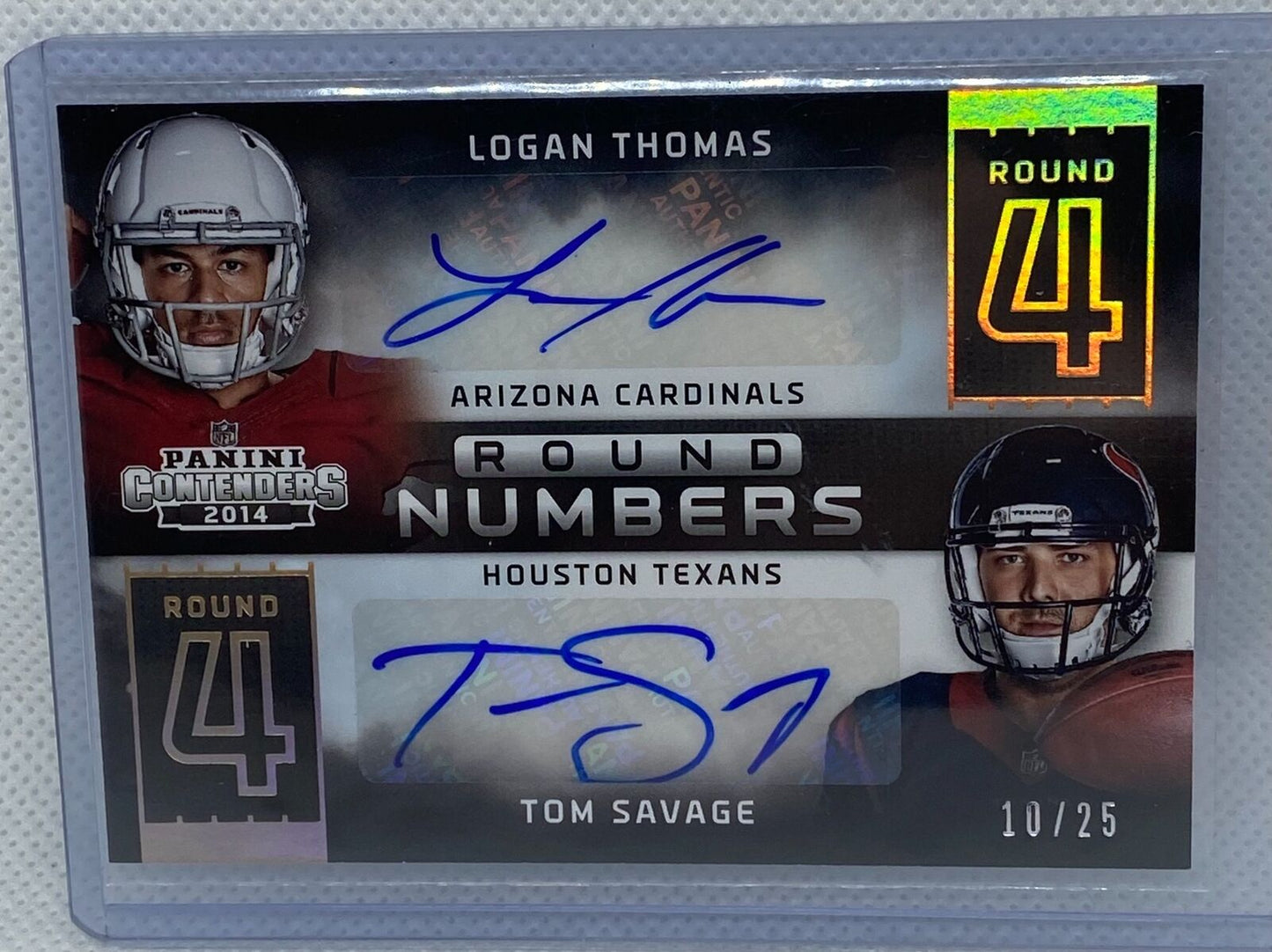 LOGAN THOMAS TOM SAVAGE 2014 PANINI CONTENDERS ROUND NUMBERS DUAL AUTO RC #D /25