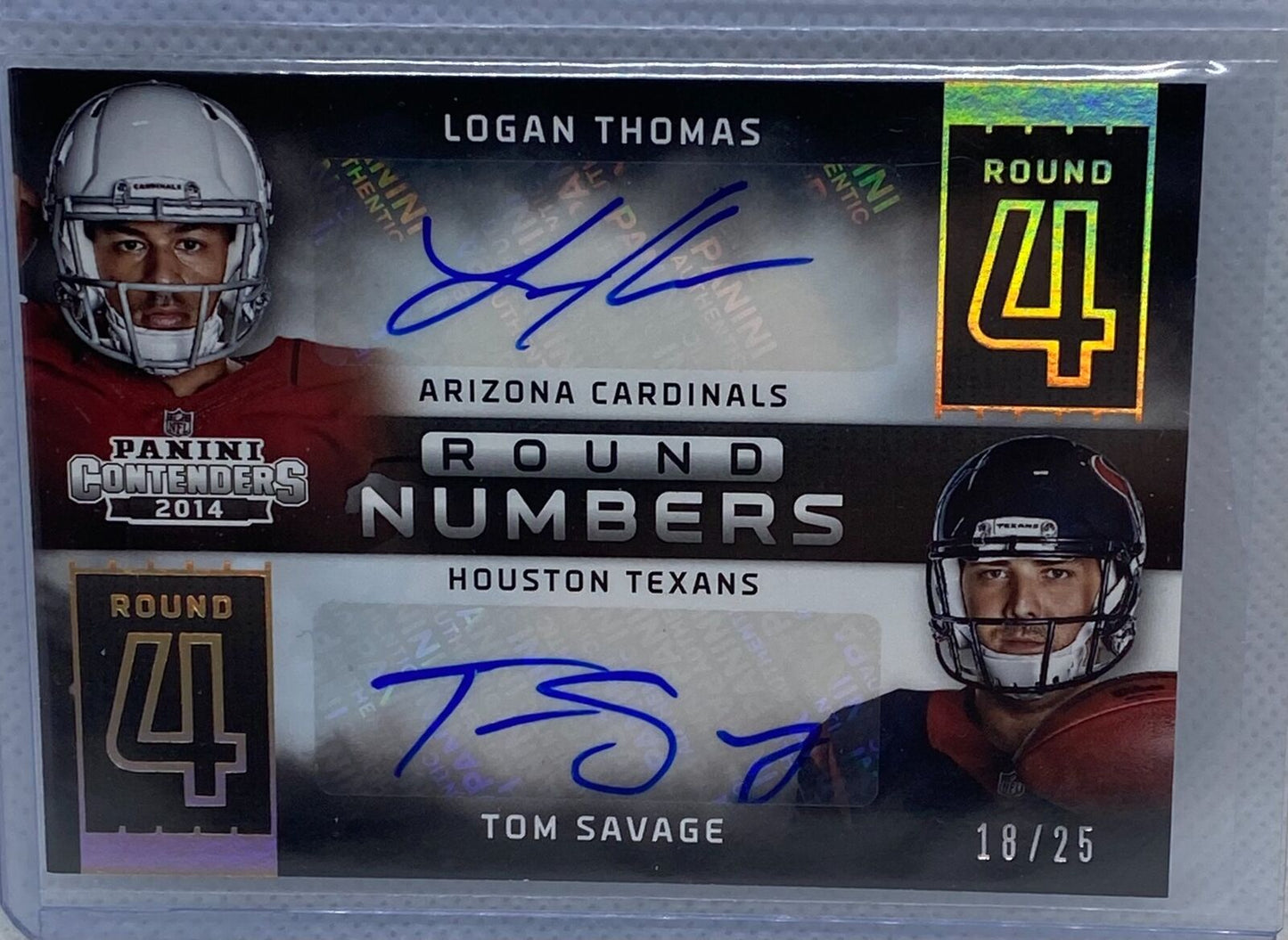 LOGAN THOMAS TOM SAVAGE 2014 PANINI CONTENDERS ROUND NUMBERS DUAL AUTO RC #D /25