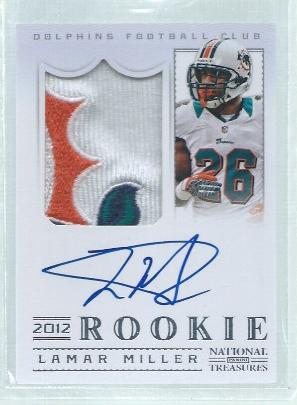 LAMAR MILLER 2012 NATIONAL TREASURES 4 COLOR LOGO PATCH ON CARD AUTO RC #D 4/99