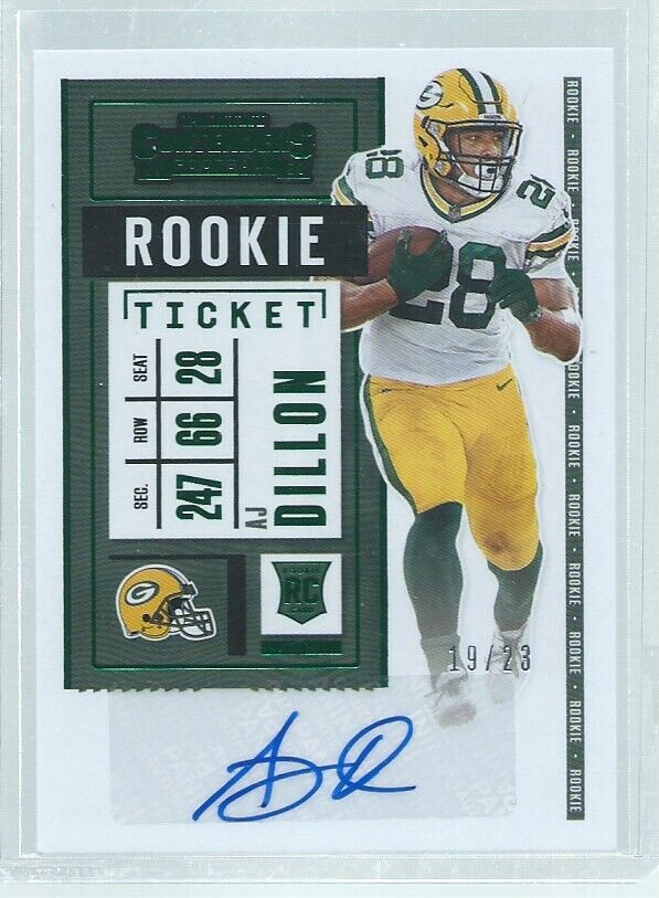 AJ DILLON 2020 CONTENDERS PREVIEW VARIATION ROOKIE TICKET AUTO GREEN RC #D 19/23