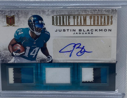 JUSTIN BLACKMON 2012 MOMENTUM TEAM THREADS GOLD TRIPLE PATCH AUTO RC #D 8/10