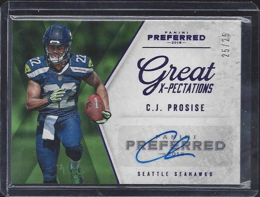 C.J. PROSISE 2016 PREFERRED GREAT X-PECTATIONS PURPLE ROOKIE AUTO RC #D 25/25