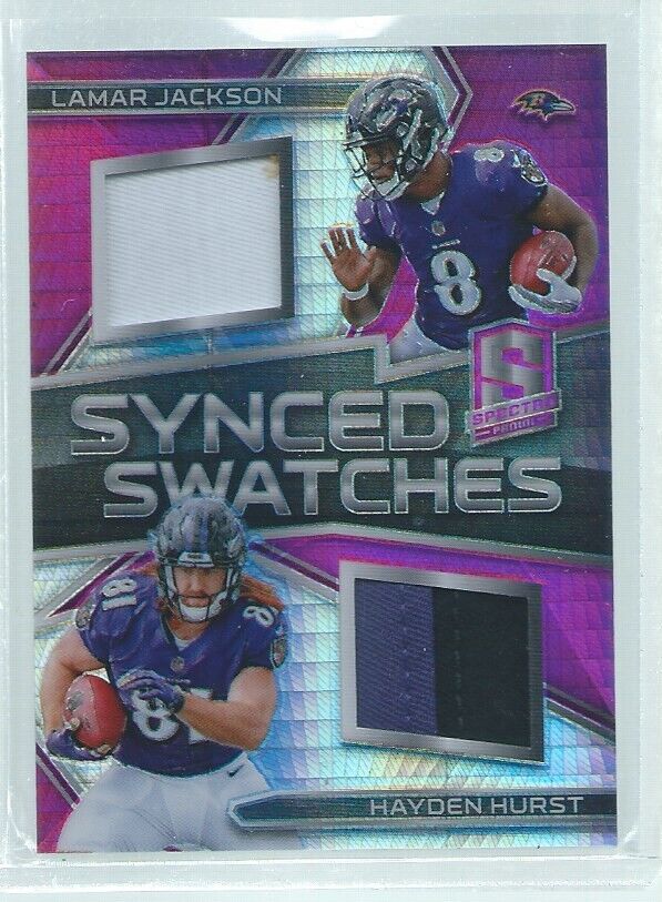 LAMAR JACKSON HAYDEN HURST 2018 SPECTRA PINK PRIZM DUAL 2 COLOR PATCH RC #D 9/15