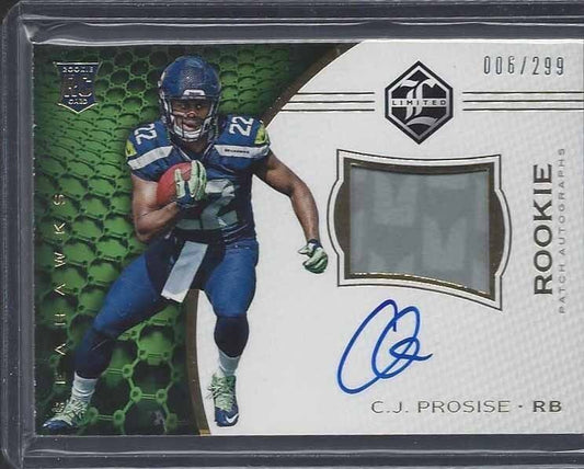 C.J. PROSISE 2016 LIMITED RPA SEAHAWKS ROOKIE PATCH ON CARD AUTO RC #D 6/299