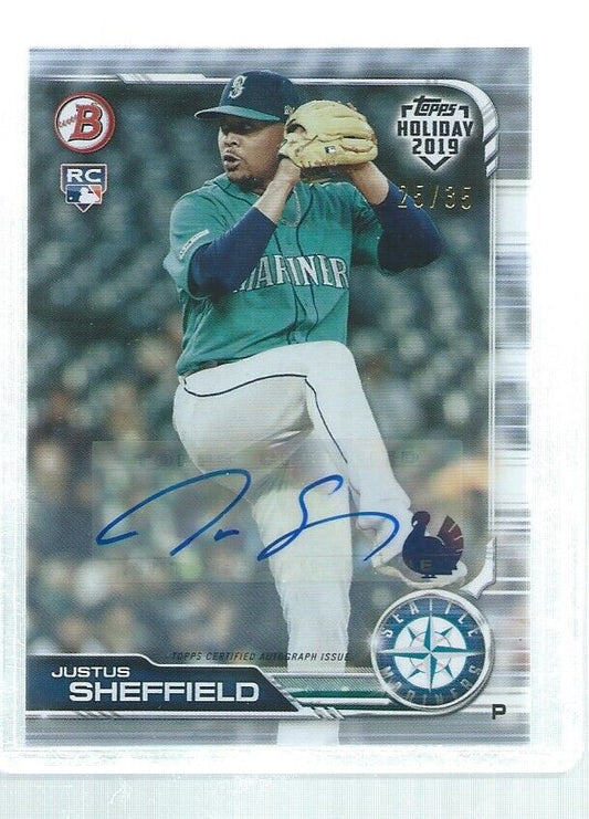 JUSTUS SHEFFIELD 2019 TOPPS HOLIDAY BOWMAN AUTO ROOKIE RC #D 25/35