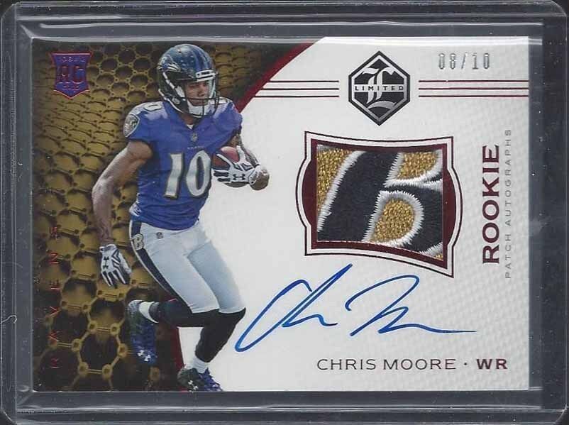 CHRIS MOORE 2016 LIMITED RED RPA SICK RAVENS LOGO PATCH ON CARD AUTO RC #D 8/10