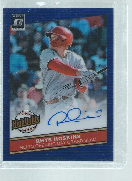 RHYS HOSKINS 2020 DONRUSS OPTIC HIGHLIGHTS BLUE HOLO PRIZM ON CARD AUTO #D 4/15