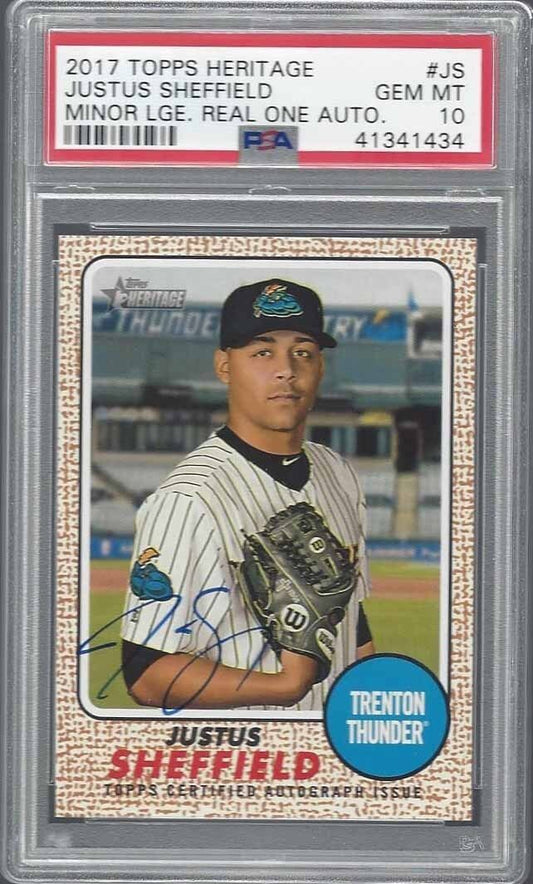 JUSTUS SHEFFIELD 2017 TOPPS HERITAGE MINOR LEAGUE REAL ONE AUTO PSA 10 GEM MINT