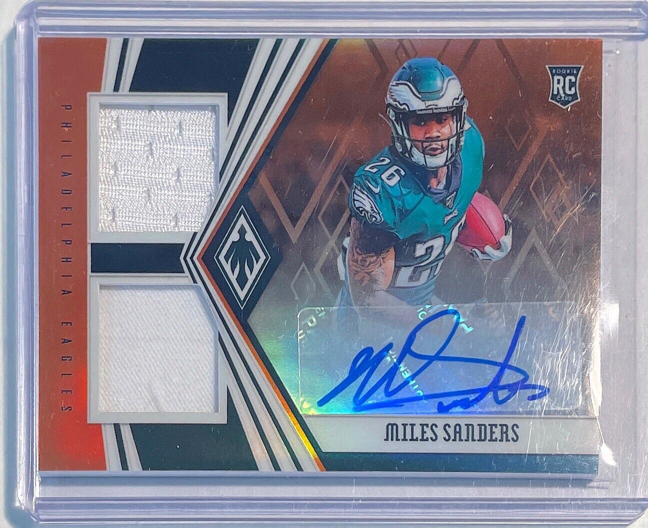 MILES SANDERS 2019 PANINI PHOENIX DUAL JERSEY AUTO ORANGE PRIZM RC #D 7/75