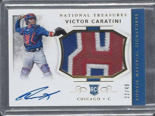 VICTOR CARATINI 2018 NATIONAL TREASURES GOLD RPA JUMBO CUBS PATCH AUTO RC #D /49