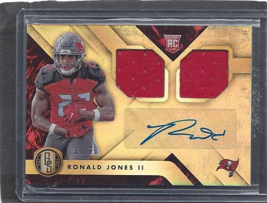 RONALD JONES II 2018 PANINI GOLD STANDARD DUAL ROOKIE JERSEY AUTO RC #D 39/75