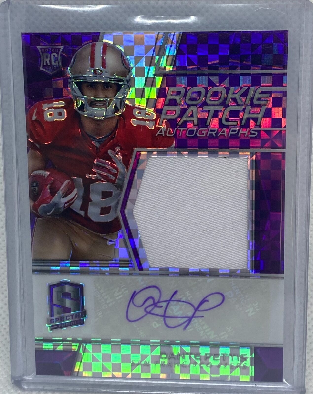 DANTE PETTIS 2018 PANINI SPECTRA NEON PURPLE ROOKIE PATCH AUTO RC #D 9/50
