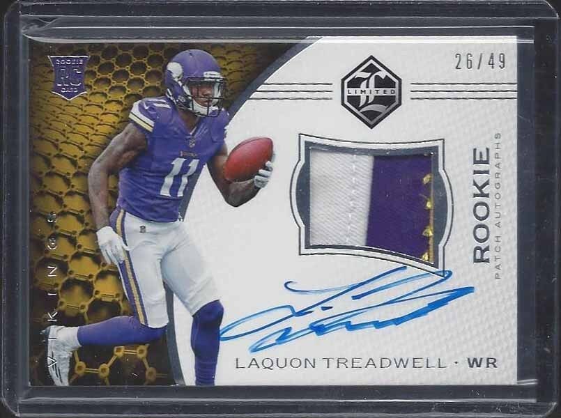 LAQUON TREADWELL 2016 LIMITED SILVER RPA 3 CLR ROOKIE PATCH ON CARD AUTO RC /49