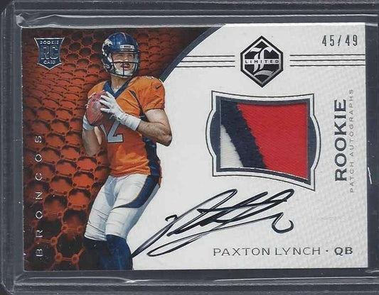 PAXTON LYNCH 2016 LIMITED SILVER RPA 3 COLOR ROOKIE PATCH ON CARD AUTO #D 45/49