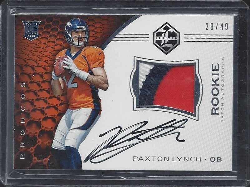 PAXTON LYNCH 2016 LIMITED SILVER RPA 3 COLOR ROOKIE PATCH ON CARD AUTO #D 45/49