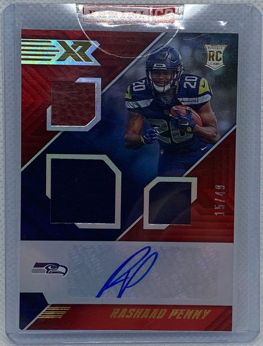 RASHAAD PENNY 2018 PANINI XR RED TRIPLE JERSEY ROOKIE AUTO RC #D 15/49