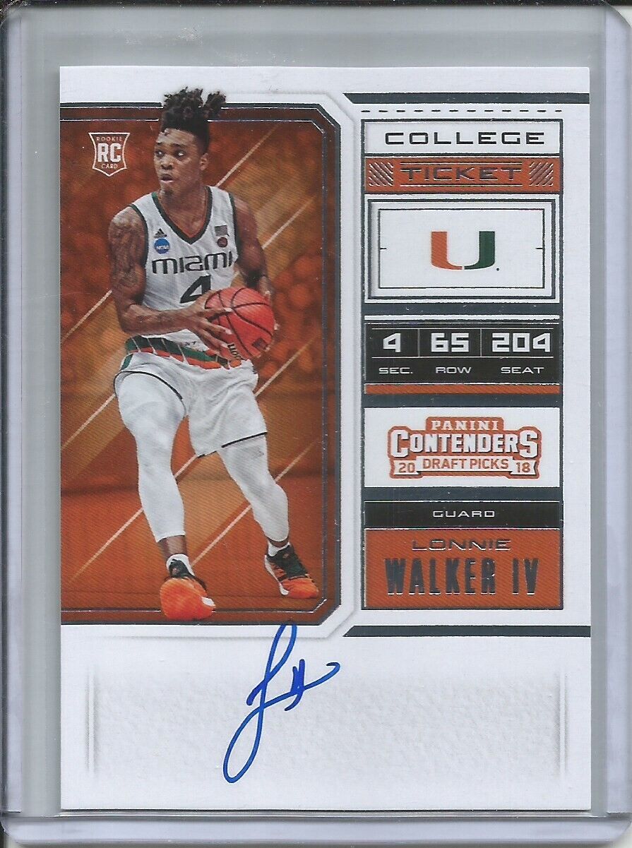 LONNIE WALKER IV 2018-19 PANINI CONTENDERS DRAFT COLLEGE TICKET ON CARD AUTO RC