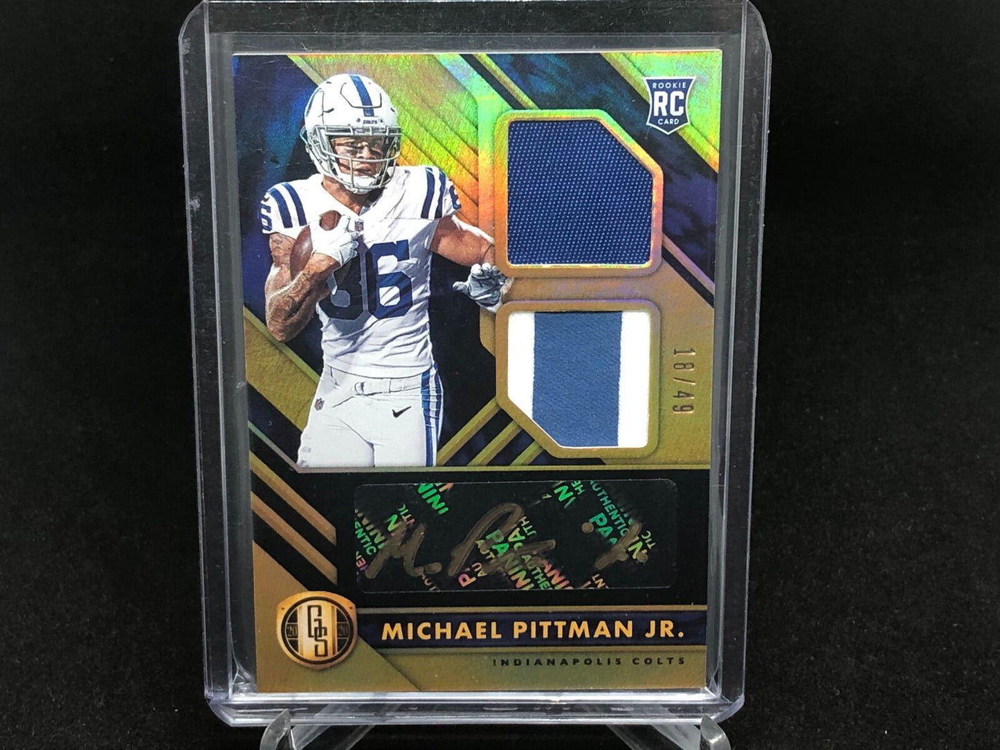 MICHAEL PITTMAN JR. 2020 PANINI GOLD STANDARD 2 CLR DUAL PATCH AUTO RC #D 18/49