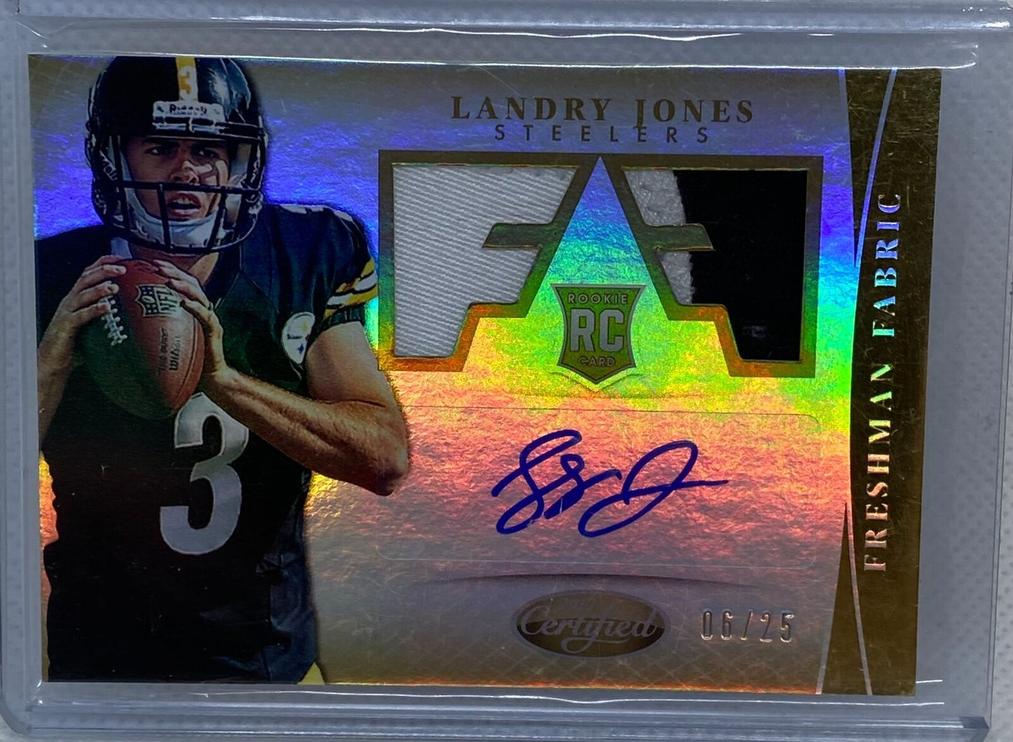 LANDRY JONES 2013 PANINI CERTIFIED FRESHMAN FABRICS GOLD DUAL PATCH AUTO RC /25