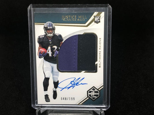 JUSTICE HILL 2019 PANINI LIMITED PREMIUM 2 CLR PATCH ON CARD AUTO RC #D 48/199