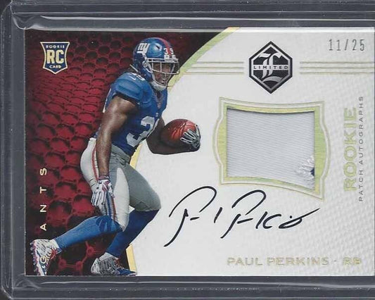 PAUL PERKINS 2016 LIMITED GOLD RPA 2 COLOR ROOKIE PATCH ON CARD AUTO RC #D 11/25