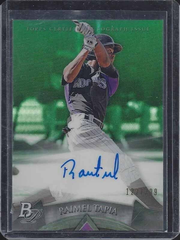 RAIMEL TAPIA 2014 BOWMAN PLATINUM GREEN REFRACTOR PROSPECT ON CARD AUTO #D /399