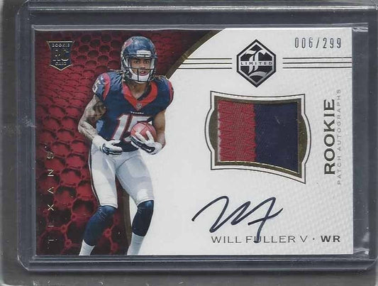 WILL FULLER 2016 PANINI LIMITED TEXANS RPA ROOKIE PATCH ON CARD AUTO RC #D /299
