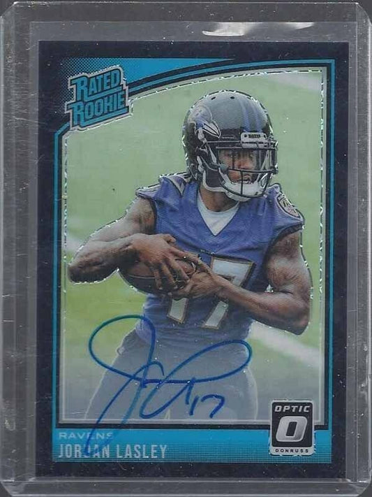 JORDAN LASLEY 2018 DONRUSS OPTIC BLACK VELOCITY HOLO ON CARD ROOKIE AUTO RC /25