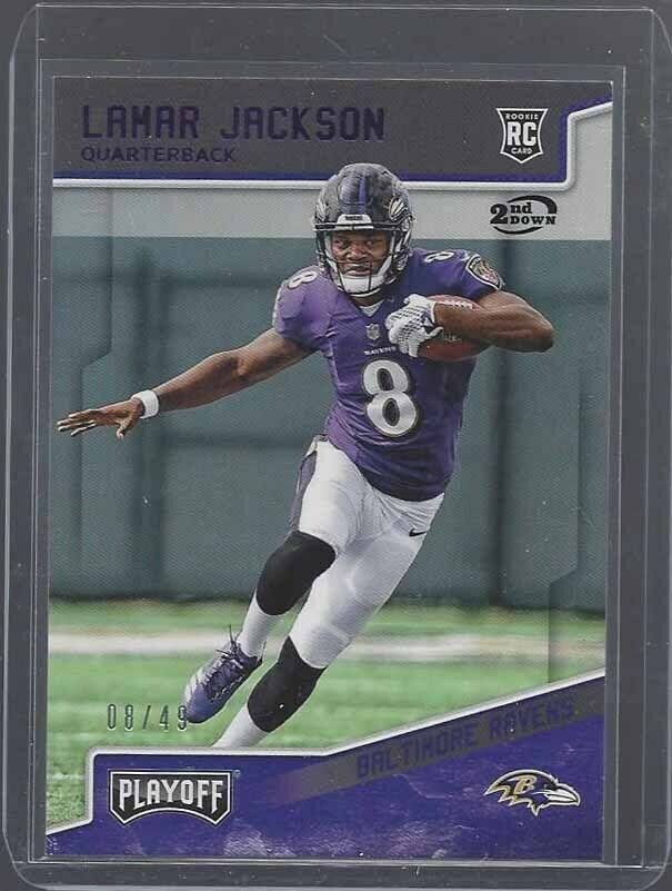 1/1 LAMAR JACKSON 2018 PLAYOFF 2ND DOWN ROOKIE RC #D 8/49 HIS JERSEY NUMBER #8 !