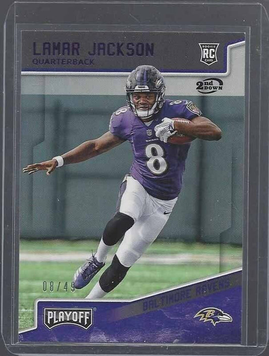1/1 LAMAR JACKSON 2018 PLAYOFF 2ND DOWN ROOKIE RC #D 8/49 HIS JERSEY NUMBER #8 !