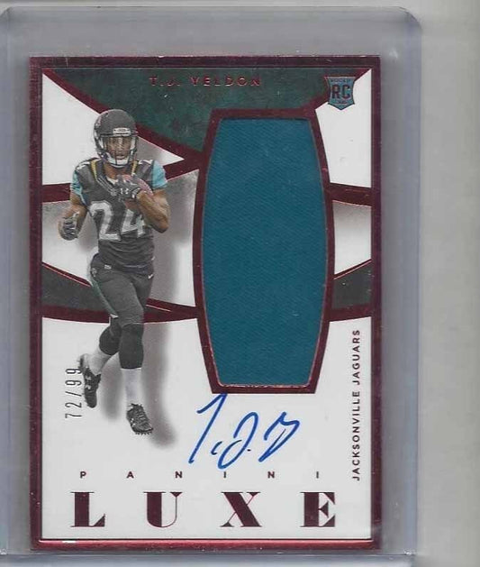 T.J. YELDON 2015 PANINI LUXE RED FRAME JUMBO JERSEY ON CARD AUTO RC #D 72/99