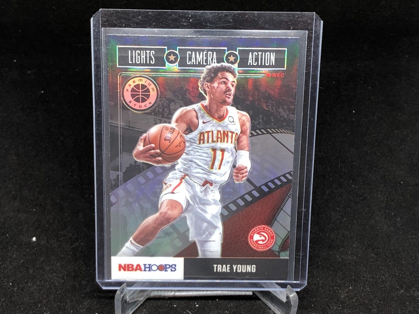 TRAE YOUNG 2019-20 HOOPS PREMIUM STOCK LIGHTS CAMERA ACTION SILVER PRIZM # 22