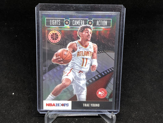TRAE YOUNG 2019-20 HOOPS PREMIUM STOCK LIGHTS CAMERA ACTION SILVER PRIZM # 22