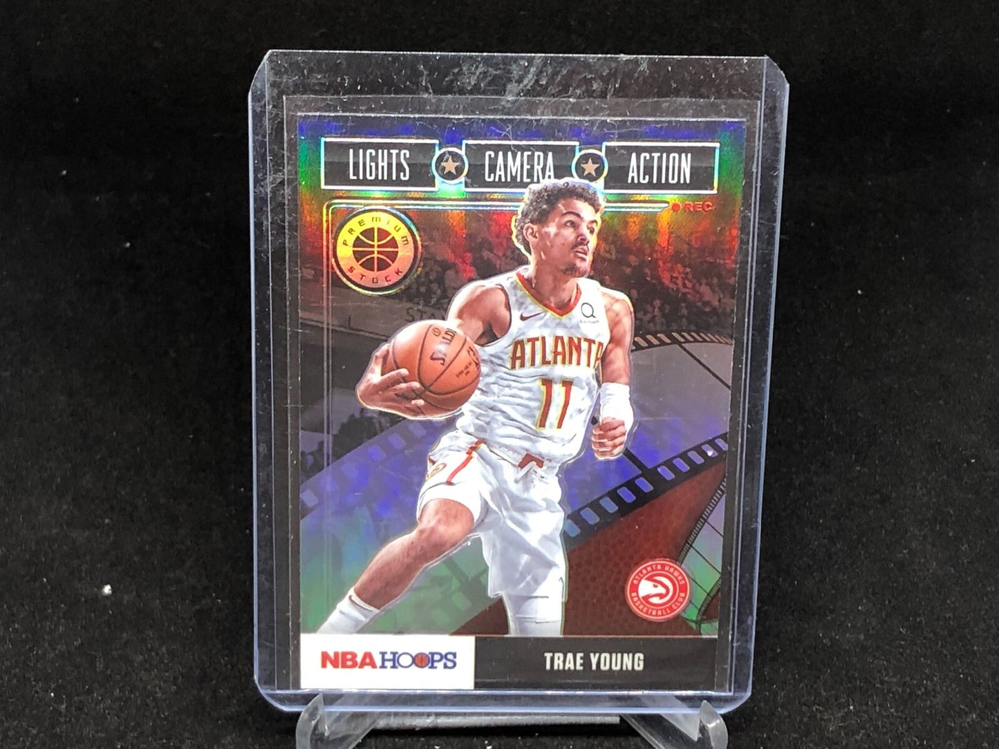 TRAE YOUNG 2019-20 HOOPS PREMIUM STOCK LIGHTS CAMERA ACTION SILVER PRIZM # 22