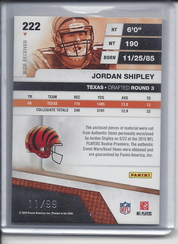 1/1 JORDAN SHIPLEY 2010 ABSOLUTE RPM TRIPLE JERSEY BALL RC #D 11/99 JERSEY #11!