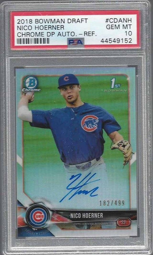 NICO HOERNER 2018 BOWMAN CHROME 1ST PROSPECT REFRACTOR AUTO /499 PSA 10 GEM MINT