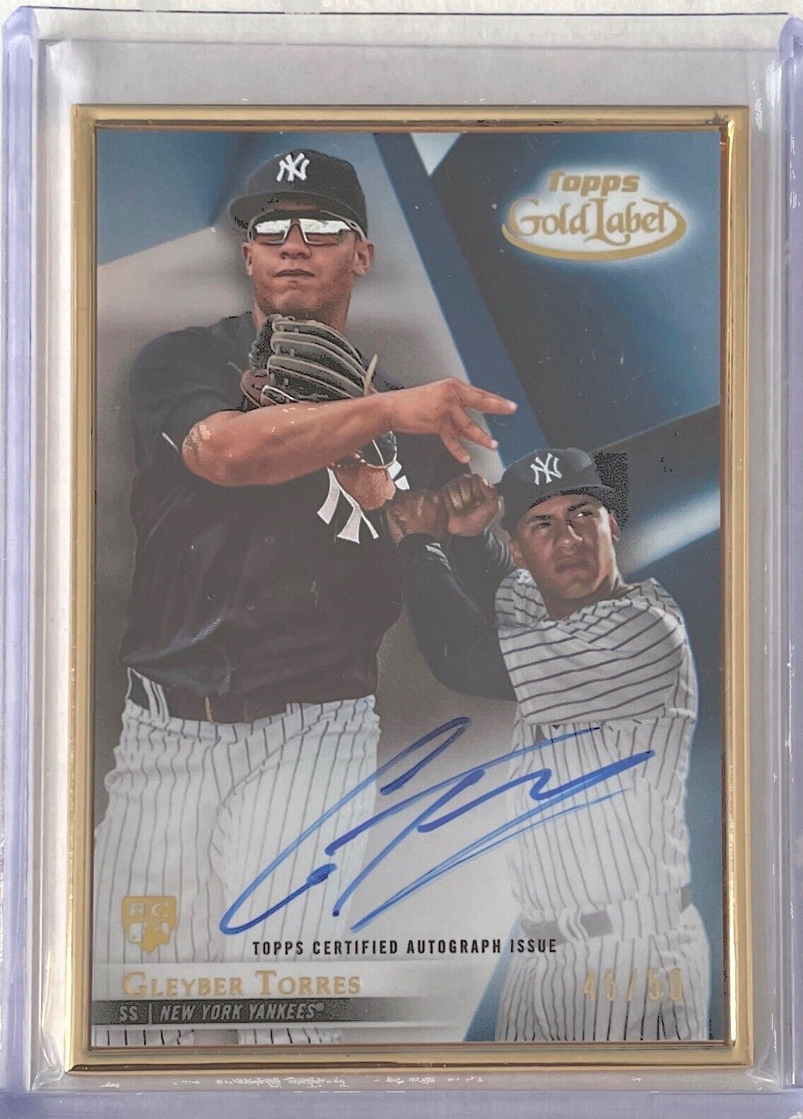 GLEYBER TORRES 2018 TOPPS GOLD LABEL FRAMED BLUE ON CARD AUTO ROOKIE RC #D 45/50