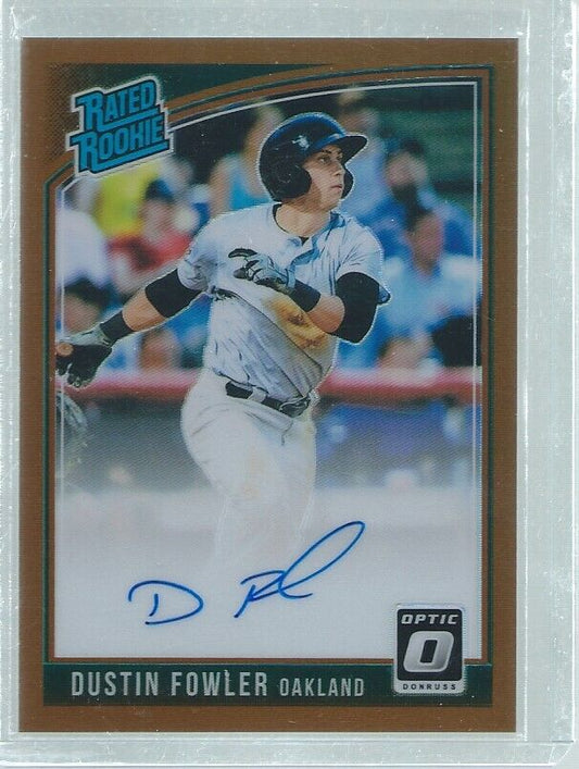 DUSTIN FOWLER 2018 DONRUSS OPTIC COPPER PRIZM RATED ROOKIE ON CARD AUTO RC