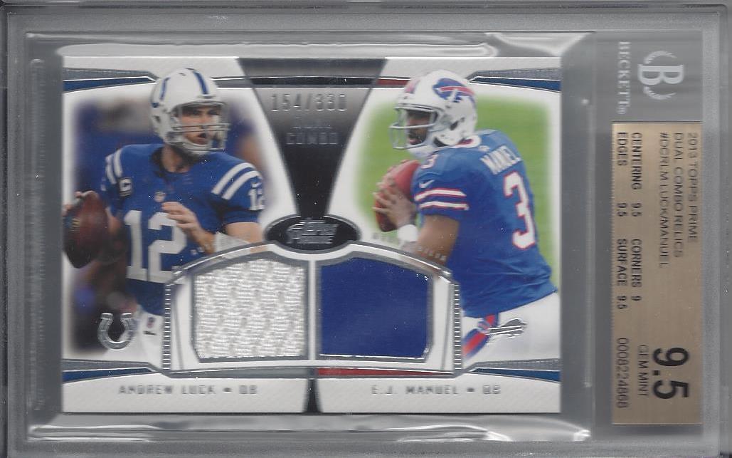 ANDREW LUCK E.J. MANUEL 2013 TOPPS PRIME DUAL COMBO JERSEY #D /330 BGS 9.5 POP 3