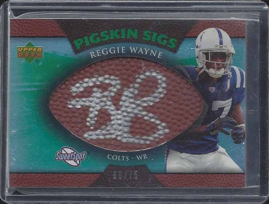 REGGIE WAYNE 2007 SWEET SPOT PIGSKIN SIGS FOOTBALL GREEN ON CARD AUTO #D 66/75