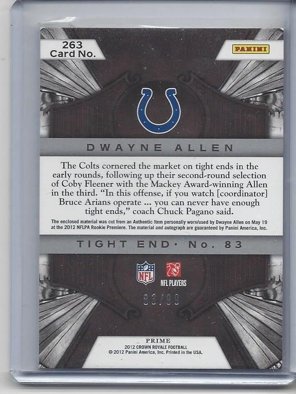 1/1 DWAYNE ALLEN 2012 CROWN ROYALE SILVER PATCH AUTO RC #D 83/99 HIS JERSEY #83!
