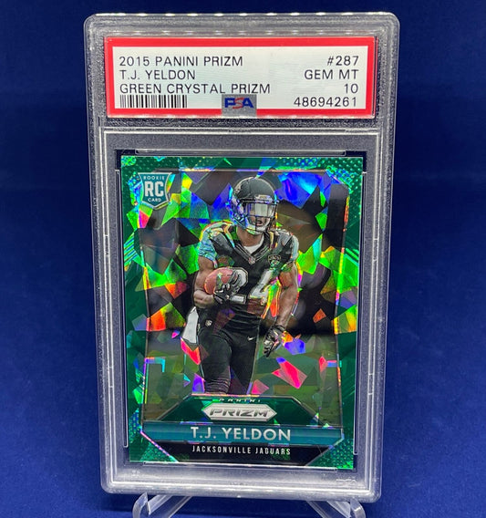 TJ YELDON 2015 PANINI PRIZM GREEN CRYSTAL ICE PRIZMS RC ROOKIE #D 31/75 PSA 10