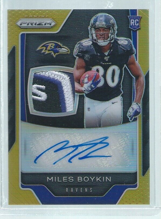 MILES BOYKIN 2019 PANINI PRIZM GOLD PRIZMS 3 COLOR LOGO PATCH AUTO RC #D 4/10