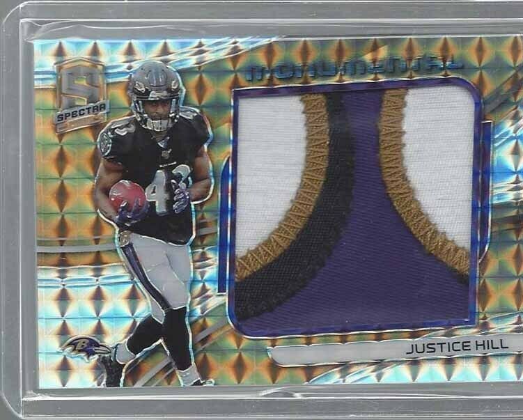 JUSTICE HILL 2019 SPECTRA MONUMENTAL GOLD PRIZM JUMBO 4 COLOR PATCH RC #D 3/10