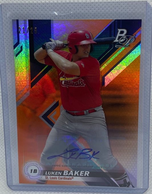 LUKEN BAKER 2019 TOPPS BOWMAN PLATINUM ORANGE PROSPECT AUTO #D 21/25