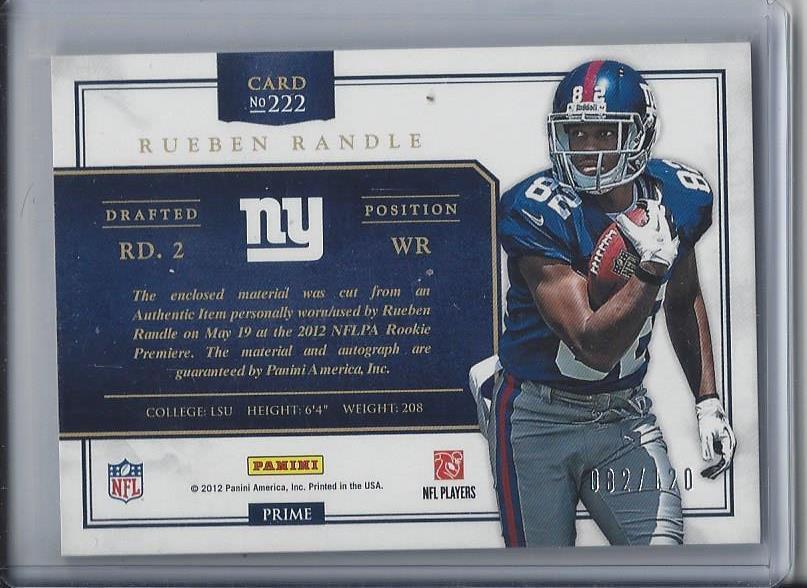 1/1 RUEBEN RANDLE 2012 PROMINENCE 2 COLOR PATCH AUTO RC #D 82/120 HIS JERSEY #82
