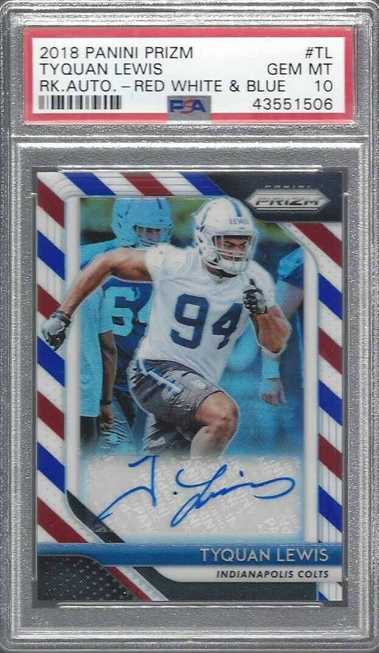TYQUAN LEWIS 2018 PANINI PRIZM RED WHITE BLUE SSP PRIZMS AUTO RC PSA 10 POP 1/1